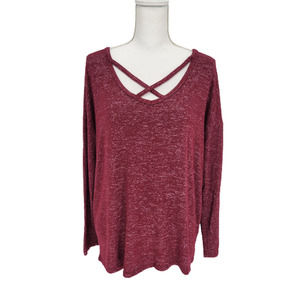 A New Day M Top Long Sleeve Tunic Criss-Cross V Neckline Maroon Red